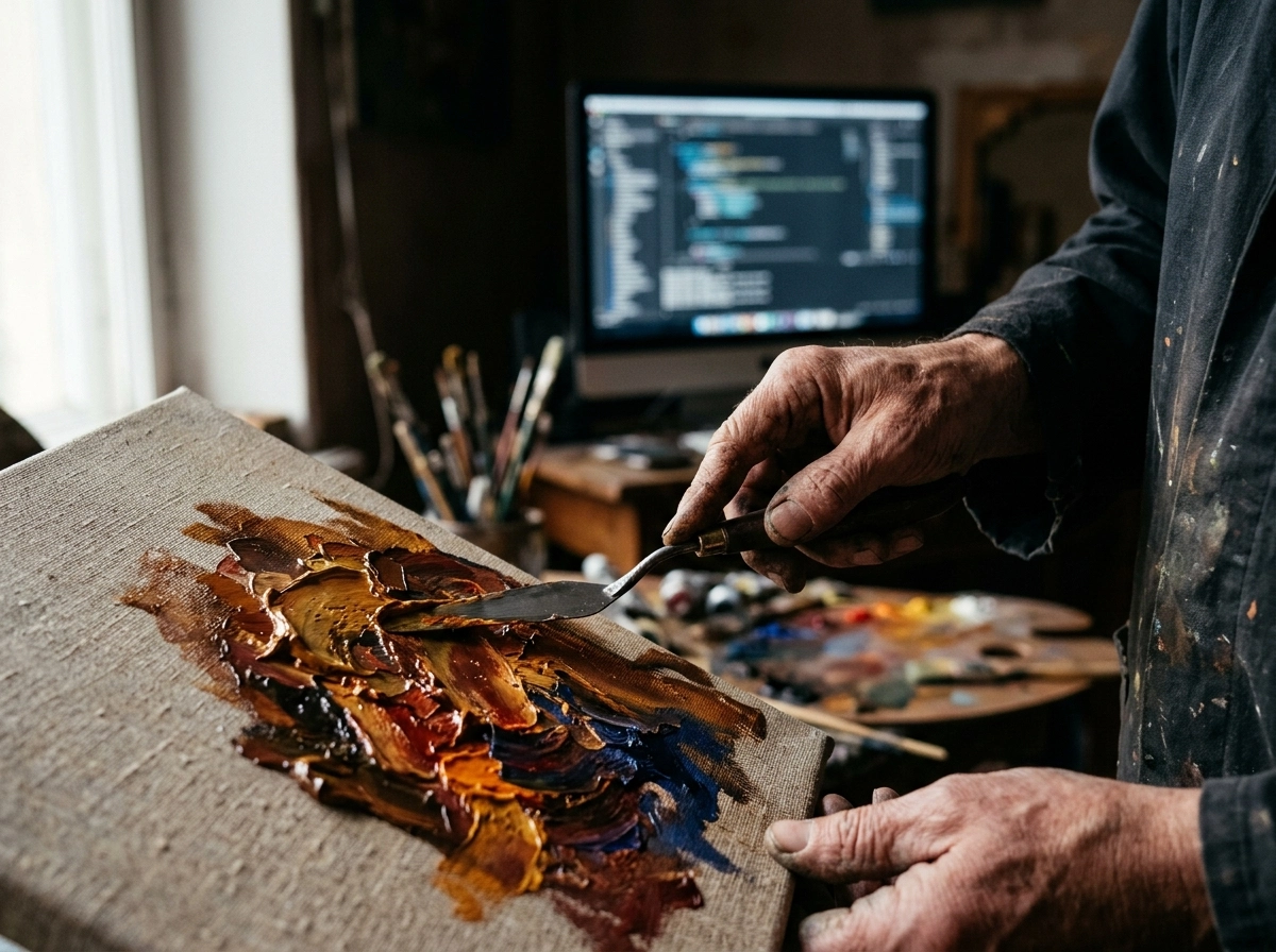 An artist painting, contrasting manual craft with an ai powered blog generator.