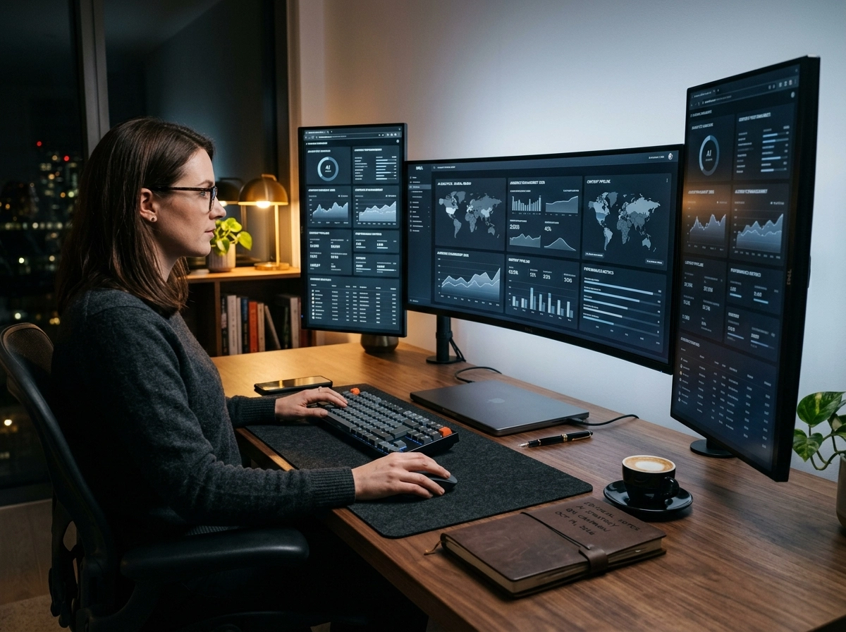 A woman using an AI powered blog generator to manage niche site content automation on multiple screens.