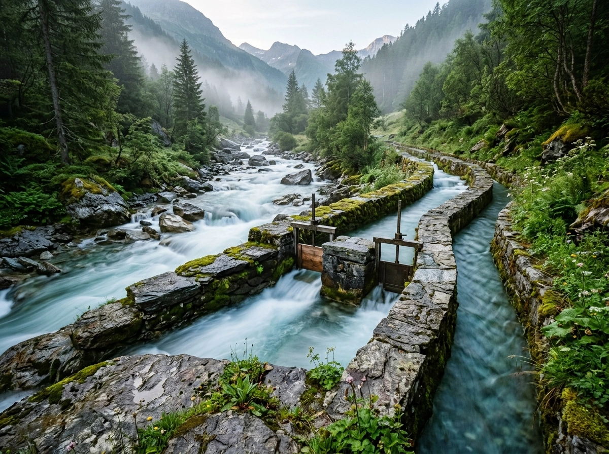 A mountain stream flowing through a stone channel, representing efficient niche site content automation.