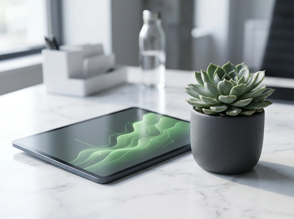 Tablet displaying AI content automation graphs next to a succulent.