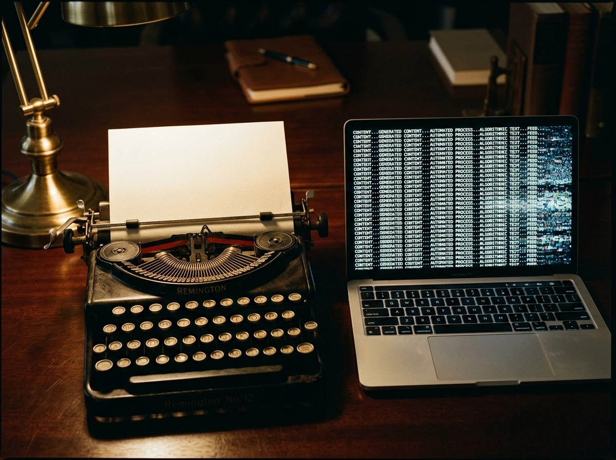 A vintage typewriter next to a laptop running an seo content generator tool for digital marketing.