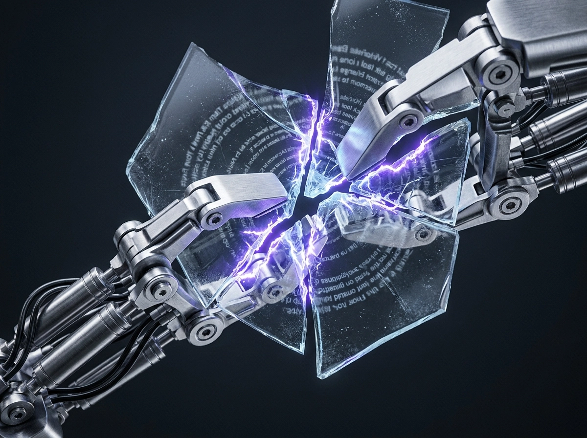 Robotic hands shattering glass, representing risks of an automated content creation tool.
