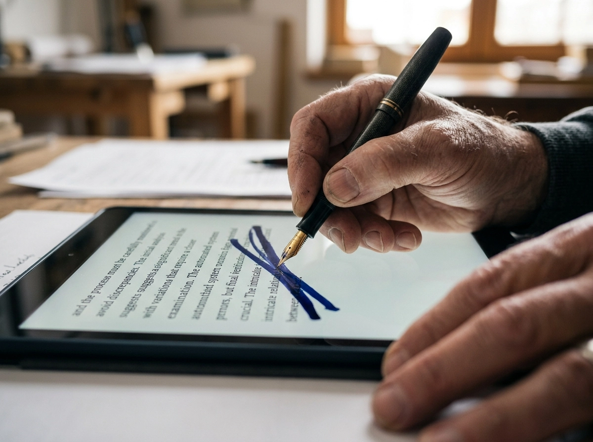 Hand using a fountain pen to edit text on a tablet, replacing an unreliable ai content marketing tool.
