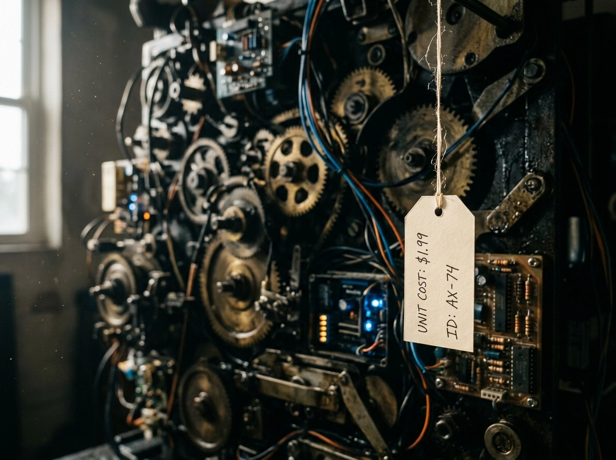 Complex machinery with a price tag, illustrating hidden blogging software costs.
