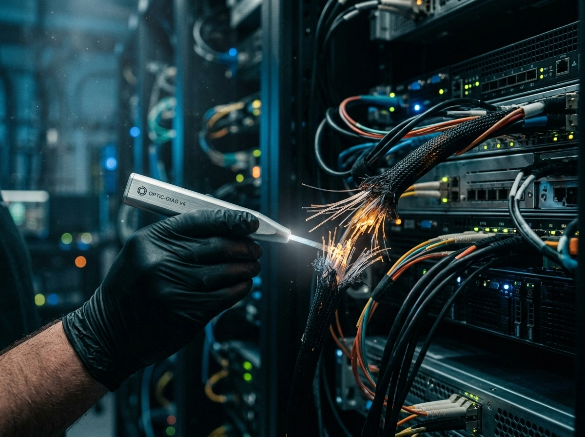 Technician repairing fiber optics, essential for maintaining an AI content writing tool.
