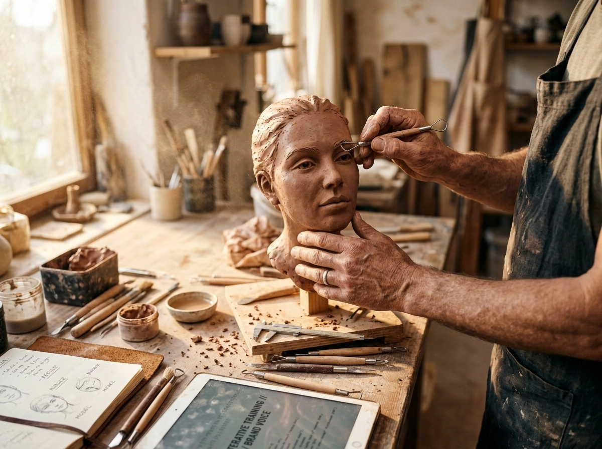 Artist sculpting a clay head, representing the craft behind the best AI content writer and tools.