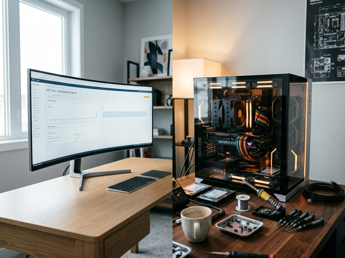 A high-end PC setup for SEO automated software, highlighting the technical maintenance of AI SaaS.
