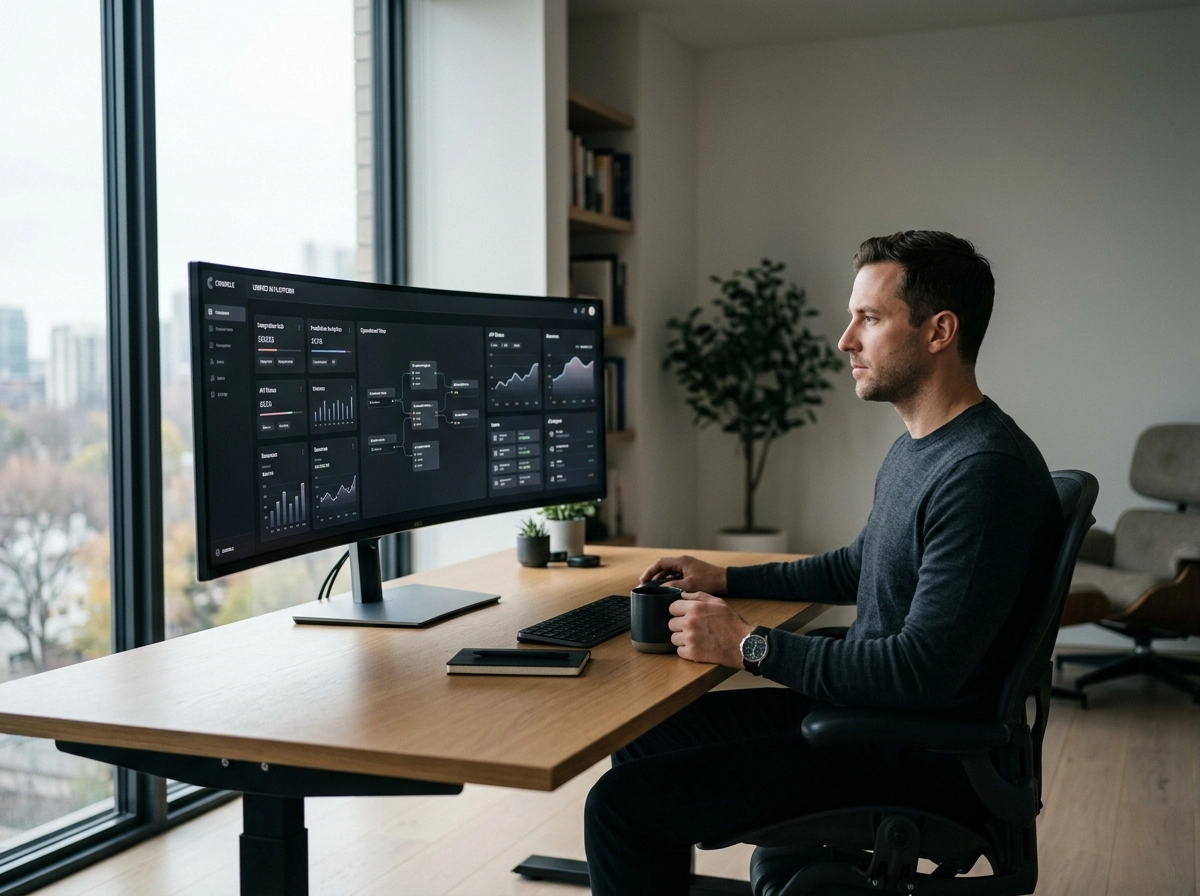 Man analyzing AI content SaaS metrics on a wide monitor for SEO automated software.