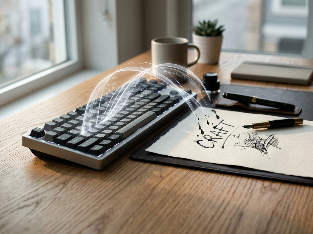 A mechanical keyboard and fountain pen illustrating the balance of human vs ai writing for content creation.