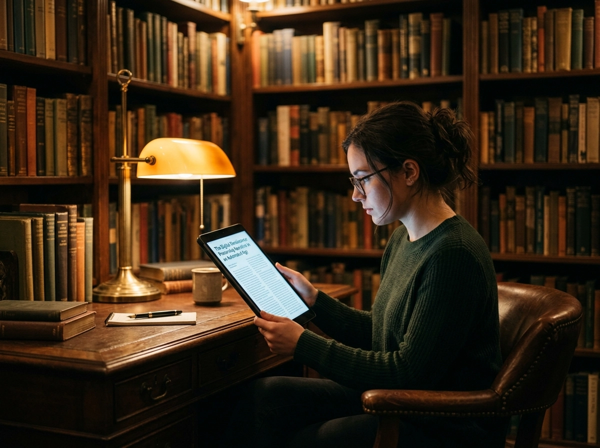 A woman reading on a tablet in a library, representing human content creation efficiency.