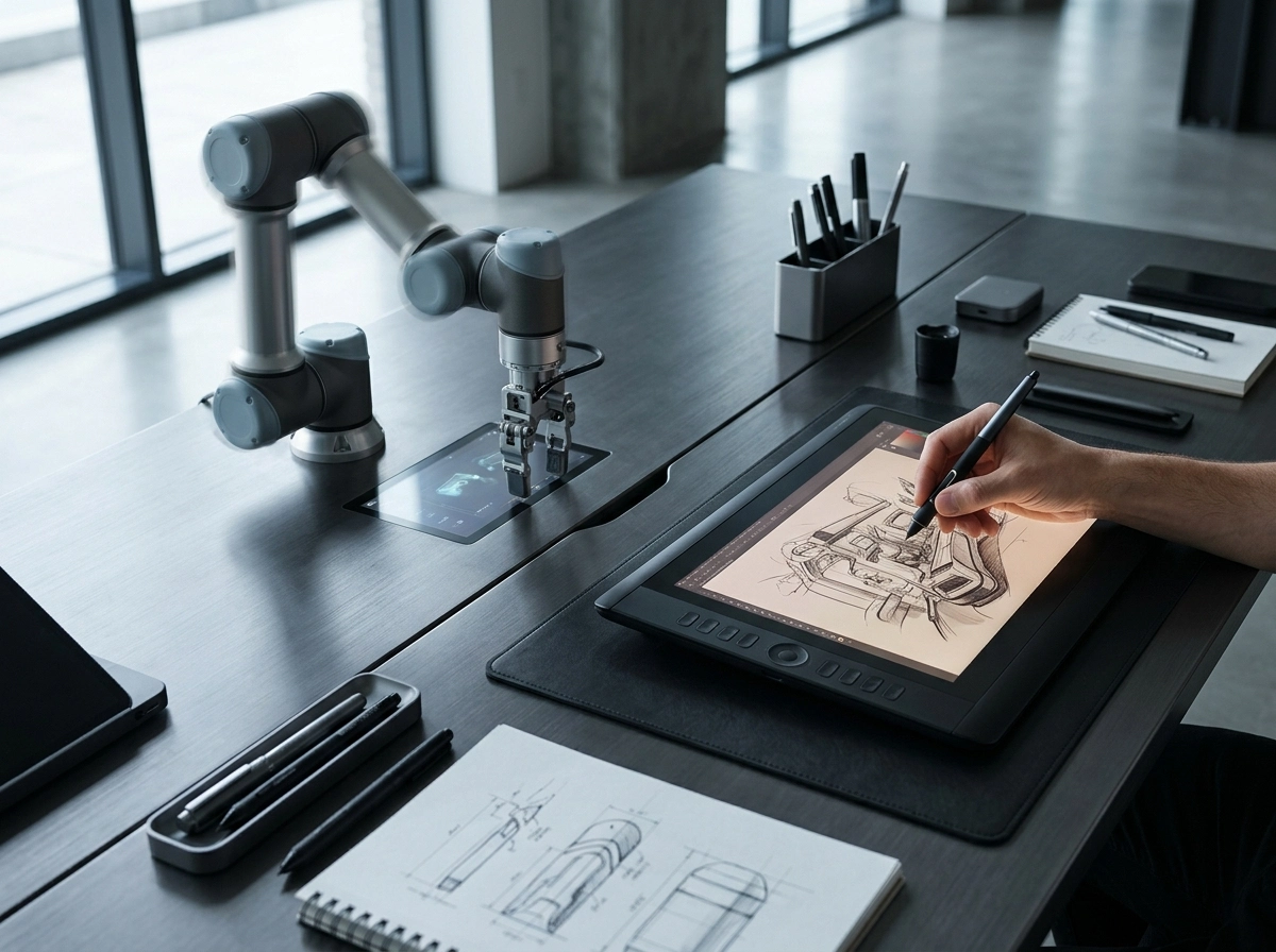 A robotic arm and human hand working together, showing human vs ai writing for content creation efficiency.