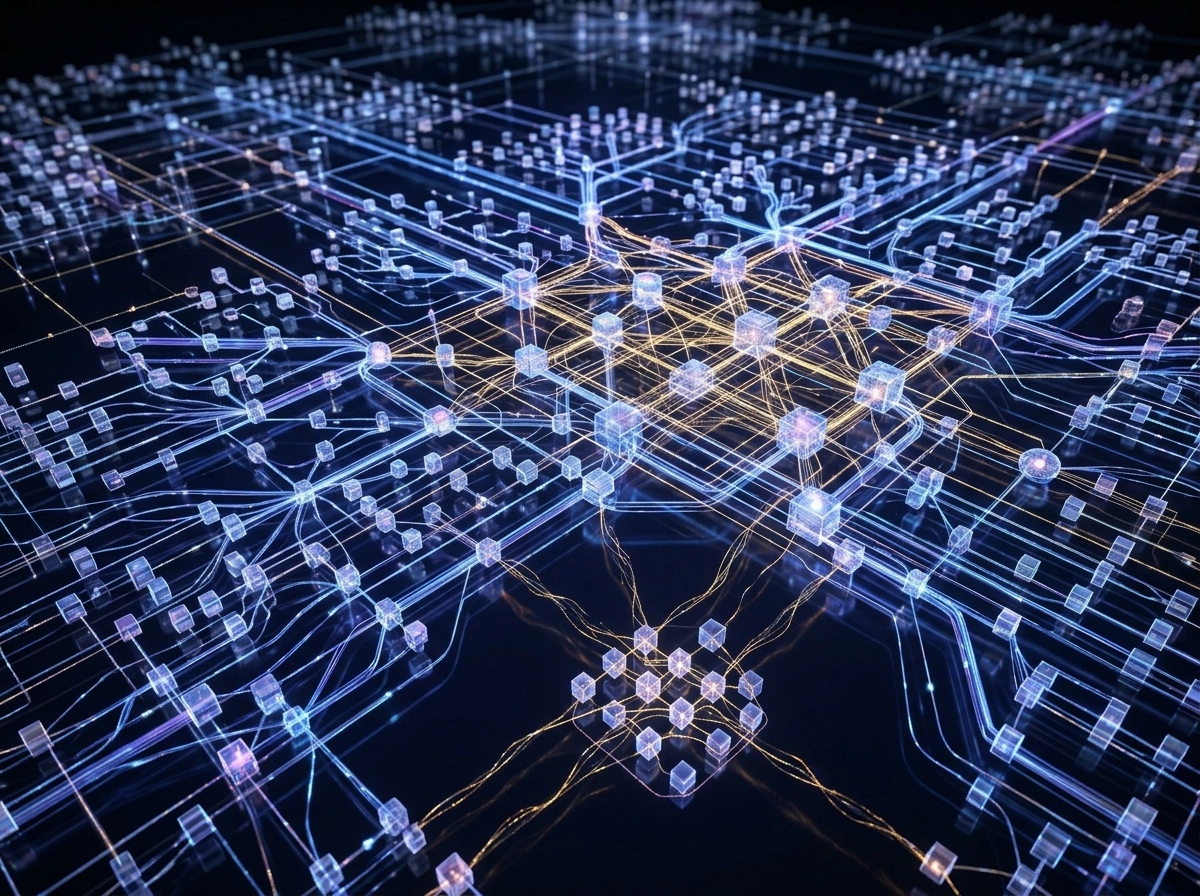 Digital network visualization representing semantic search optimization and AI content quality.