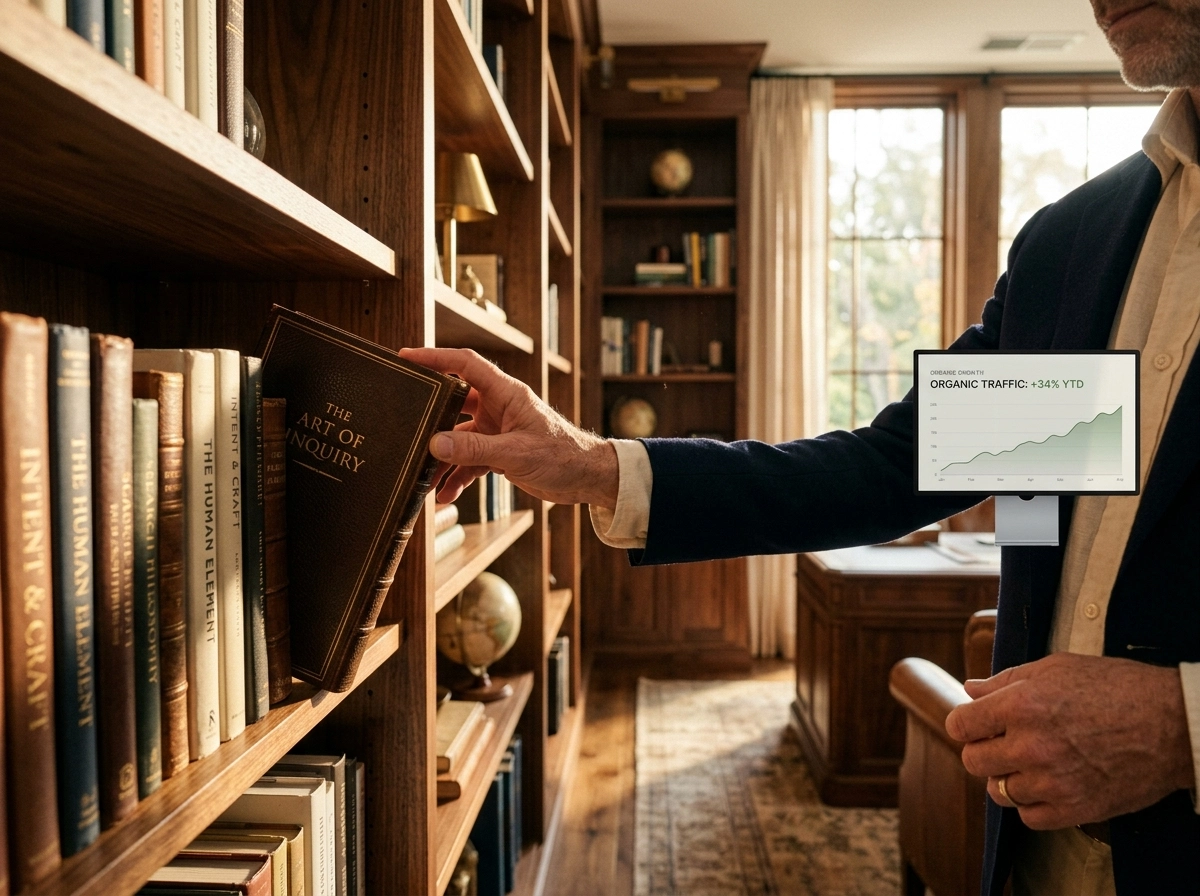 Man in library using an AI seo writing assistant to improve organic traffic and search intent.