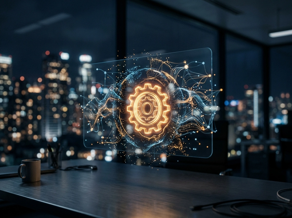 Glowing digital gear icon representing AI seo writing assistant tools for semantic search optimization.
