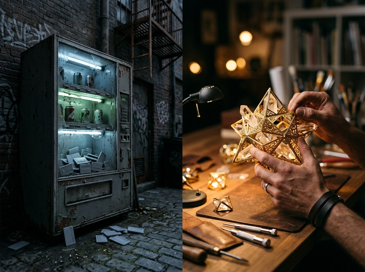 A split image showing an old vending machine and a craftsman, representing scaling content production.