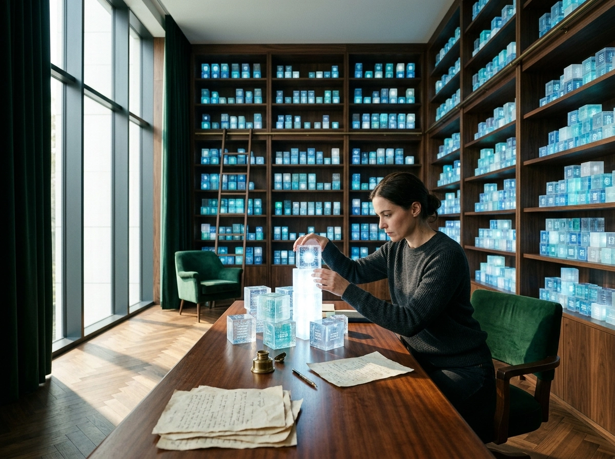 A woman organizing glowing cubes to improve her AI seo writing assistant workflow.