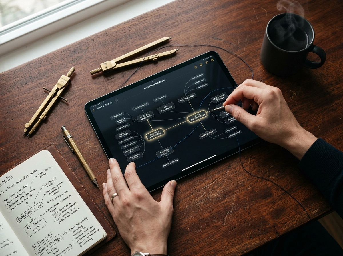 Hands using a tablet to map out an efficient SEO content strategy and AI workflow.
