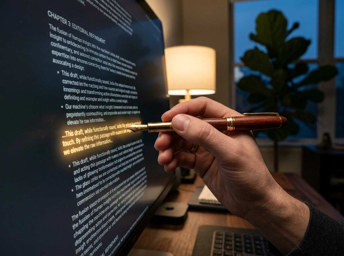 Hand using a fountain pen to edit an AI draft, improving AI text generation for better SEO content strategy.