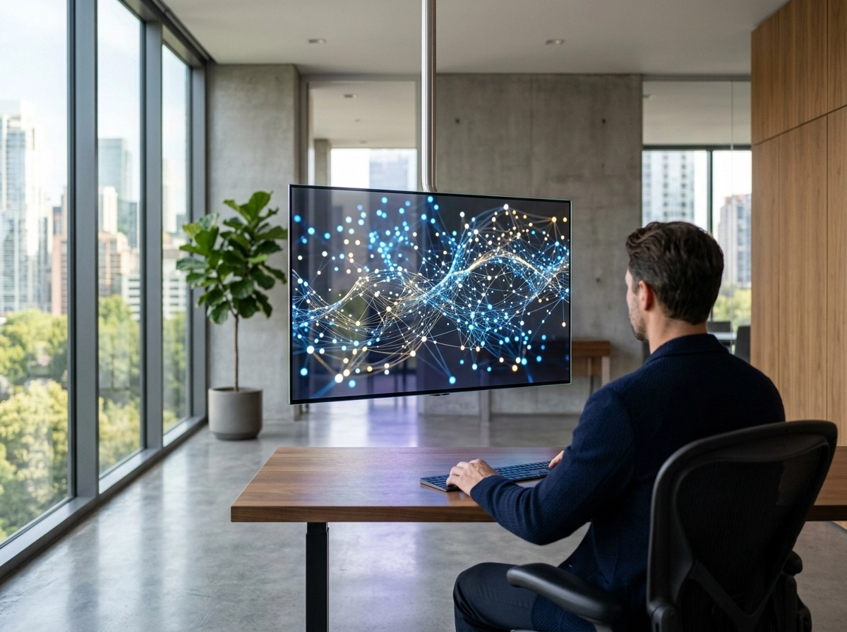 A professional using an AI SEO writing assistant to scale content production in a modern office setting.