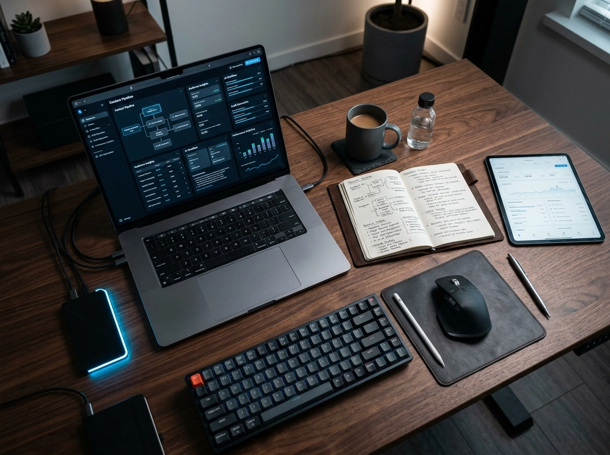 Laptop showing an AI SEO writing assistant for efficient blogging and content production workflows.