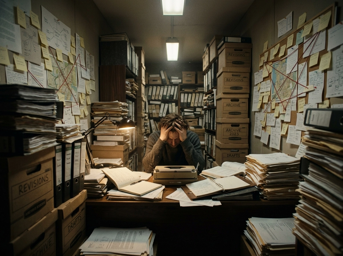 A stressed writer surrounded by paper, highlighting the need for better content operations and automation.