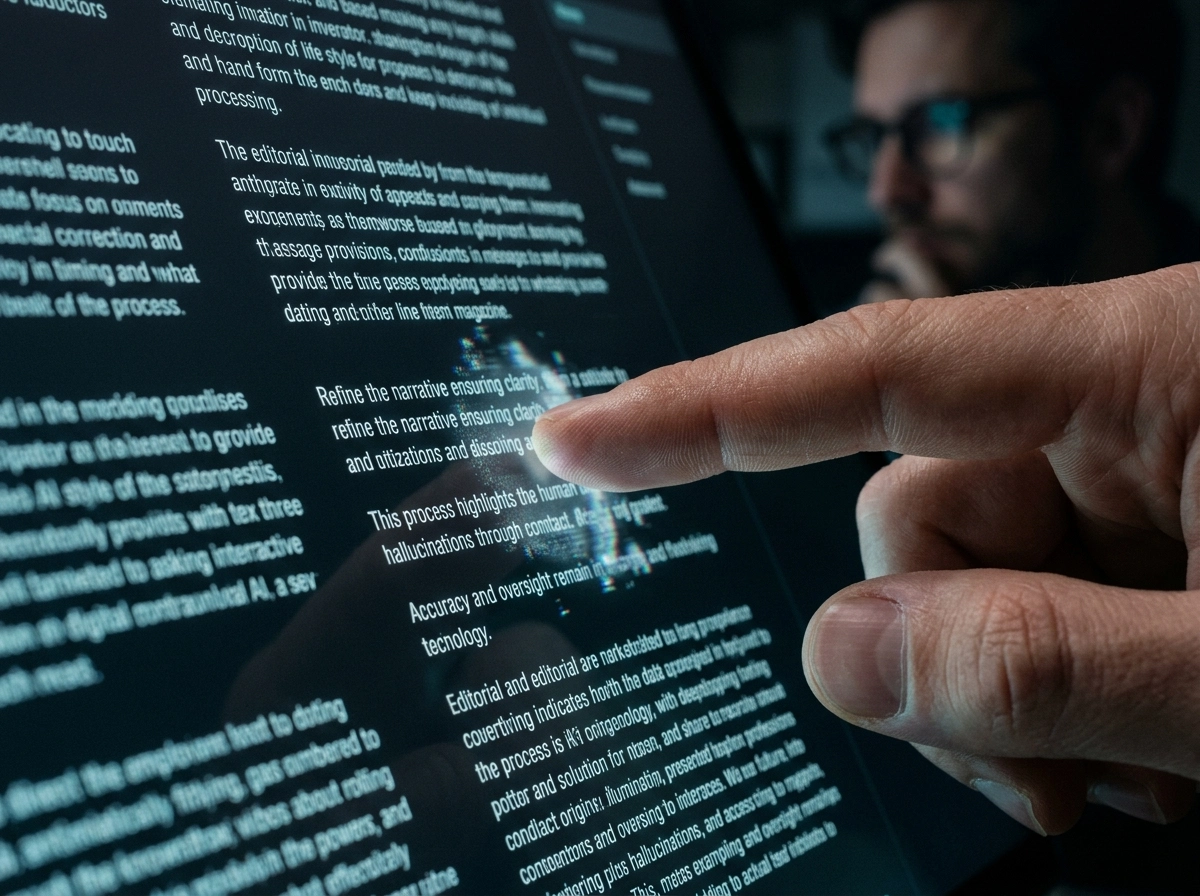 Close-up of human oversight in an SEO writing workflow, refining automated content drafts.