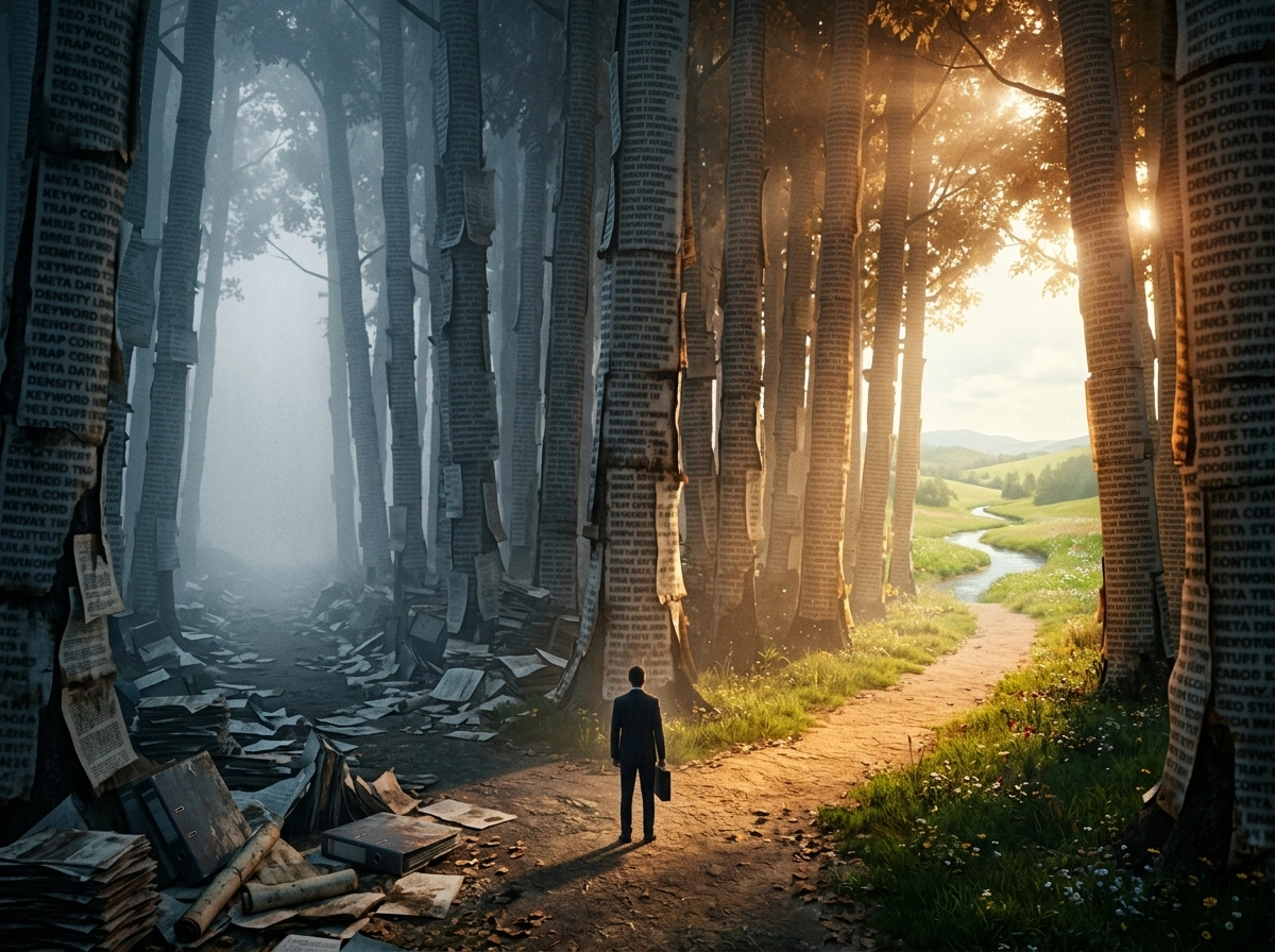 Person walking away from cluttered paper forest toward a clear path, symbolizing improved seo writing workflow.