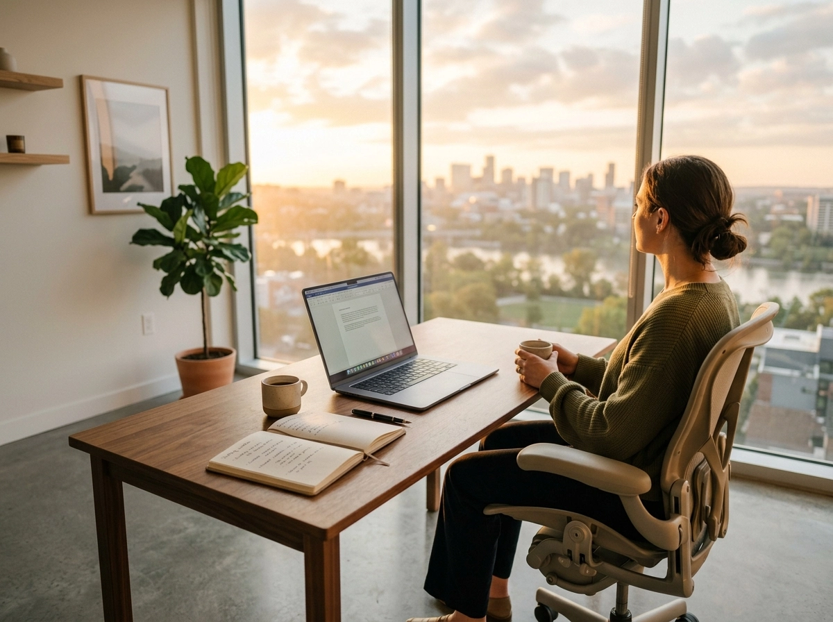 Person using an seo friendly content generator to improve content creation efficiency at a desk.