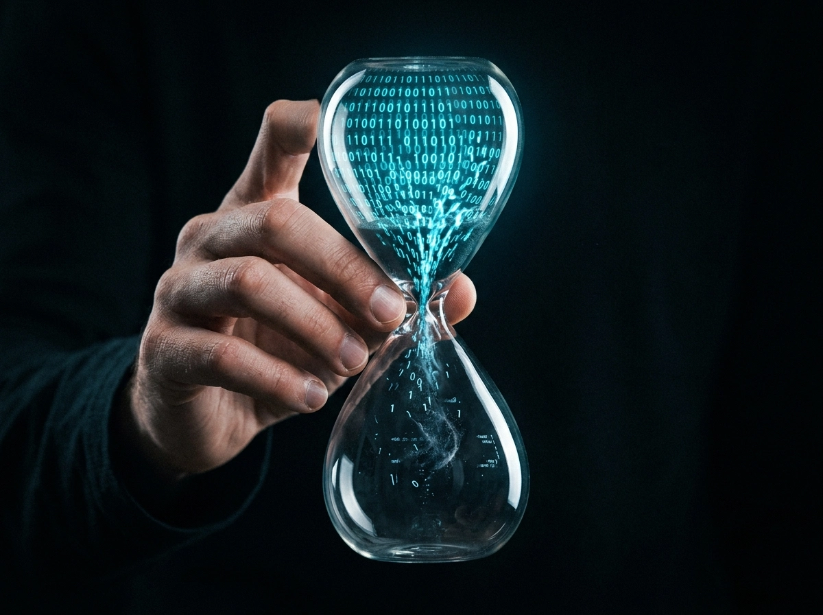 Hand holding an hourglass with digital code, representing creative content generation and AI tools.