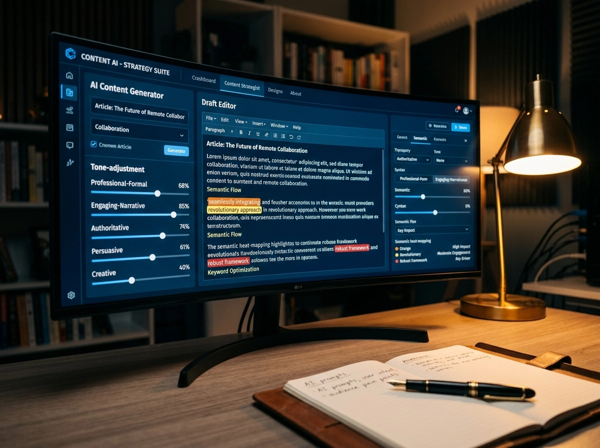 A wide monitor displaying an AI blog writing platform for creative content generation and editing.
