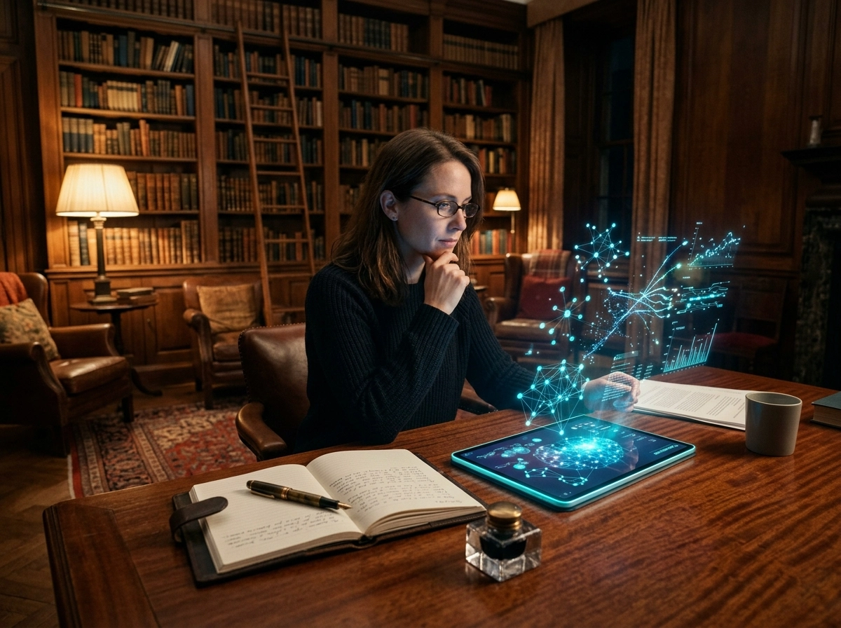 A woman using a content creator AI tool to manage SEO quality control in a library setting.