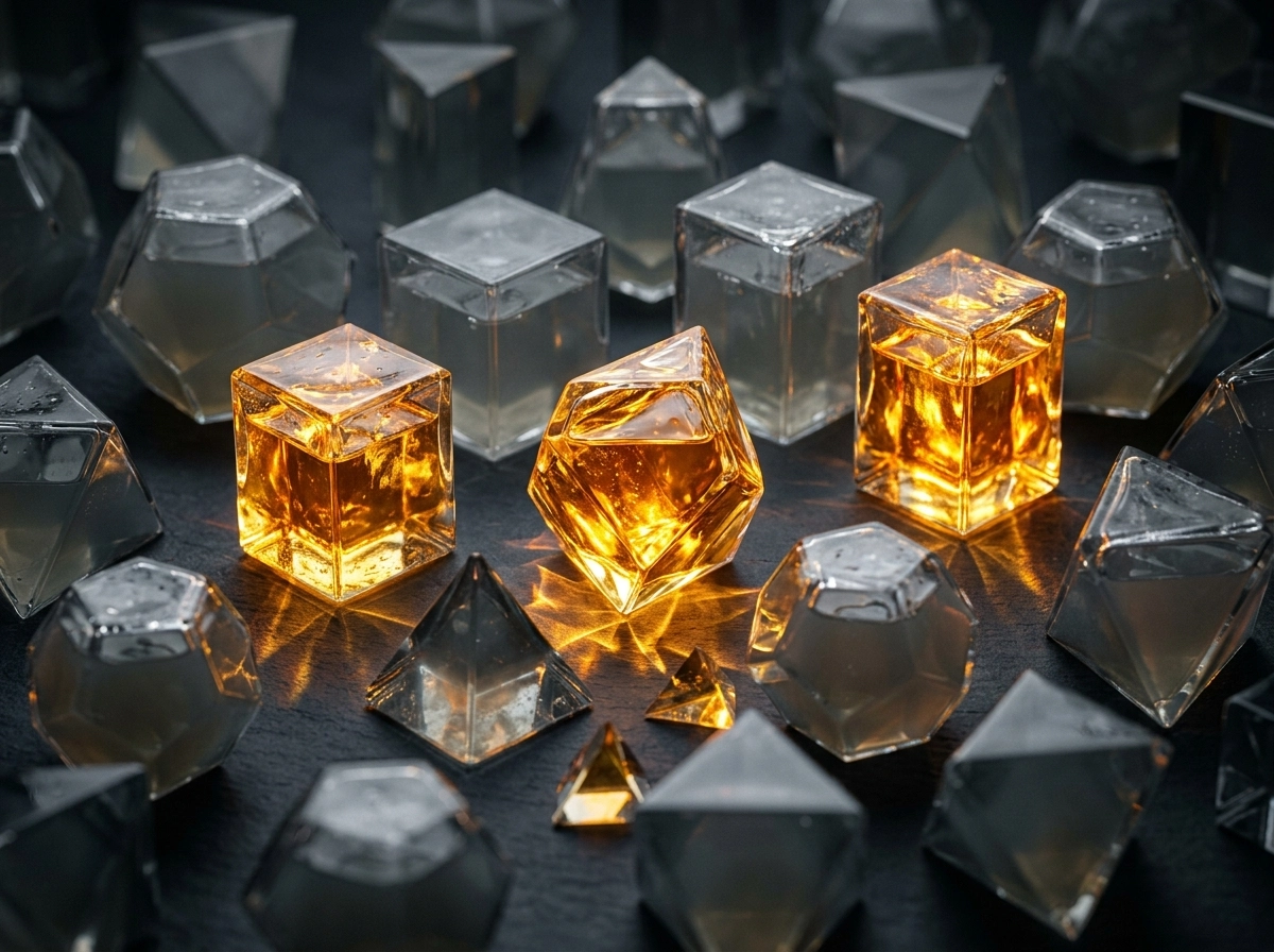 Glowing amber geometric shapes representing high-quality content in automated blog writing.