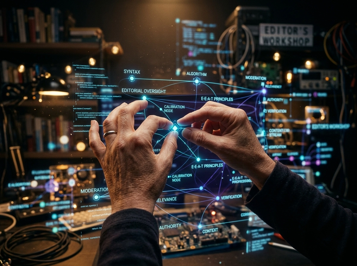 Hands adjusting digital nodes representing SEO quality control and E-E-A-T principles.