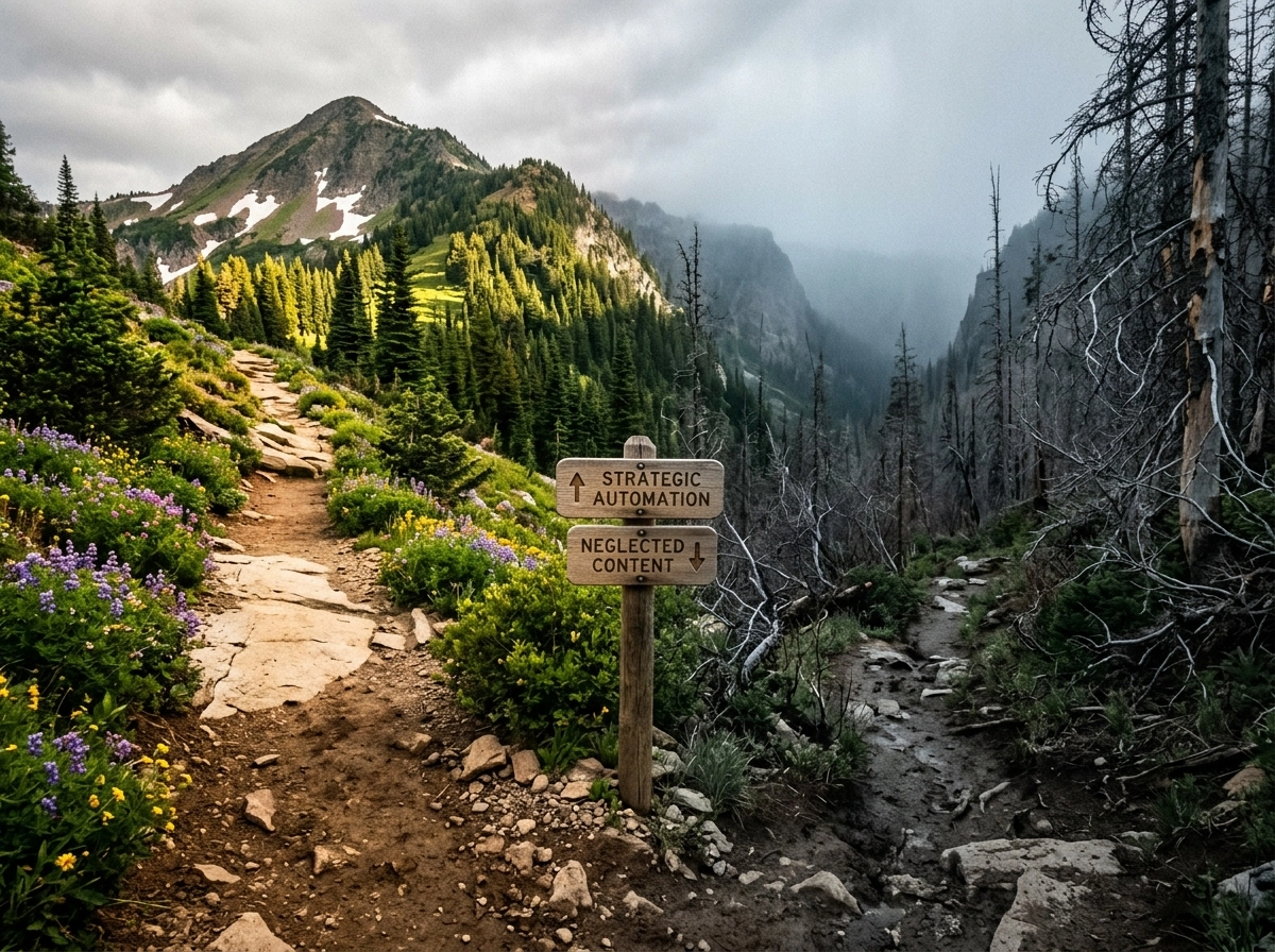 A trail sign comparing strategic automation to neglected content for better search rankings.