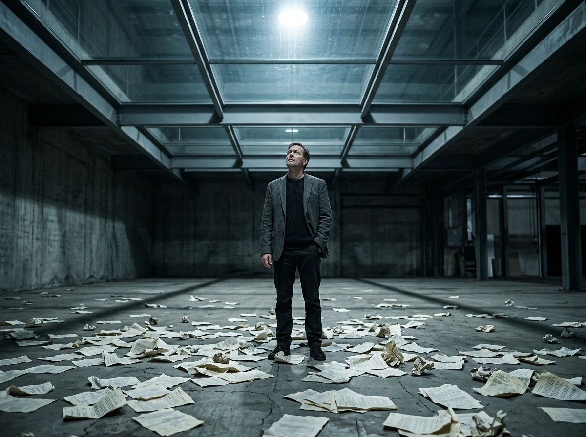 Man standing in a room with scattered papers, representing challenges in ai content generation.
