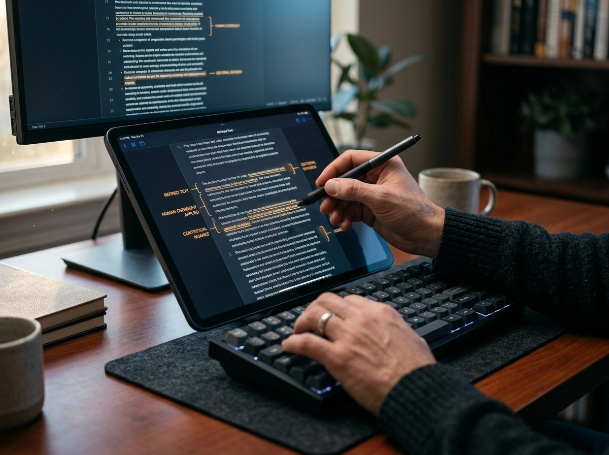 Person using an AI writing assistant to refine content for a better SEO content workflow.