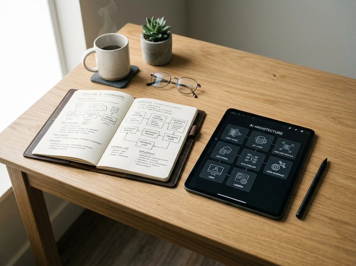 Notebook and tablet showing AI content saas architecture for an automated writing software workflow.