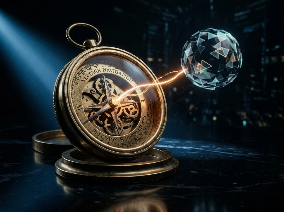 Vintage compass connecting to a digital sphere, representing search intent optimization tools.