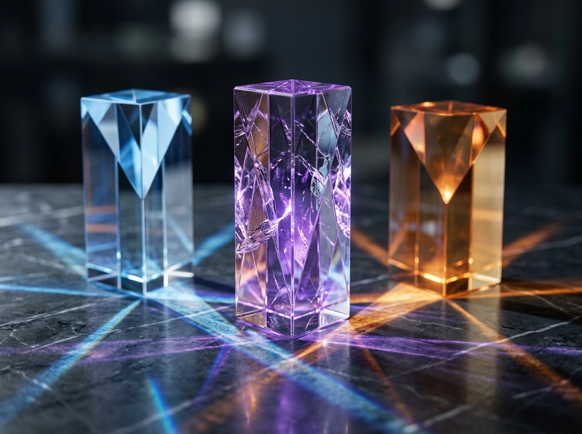 Three glowing crystal prisms representing the best AI writing tools for search intent optimization.