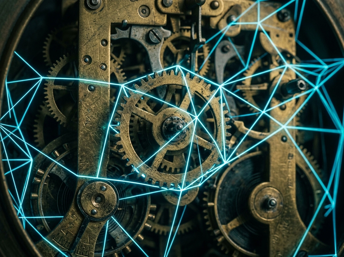 Vintage clockwork gears overlaid with a digital network, symbolizing an automated blog writer.