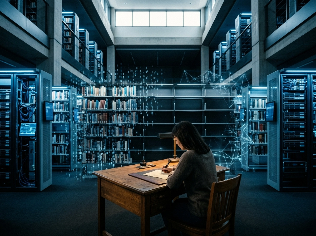 Person writing in a digital library, representing the best AI writing tools for search intent optimization.