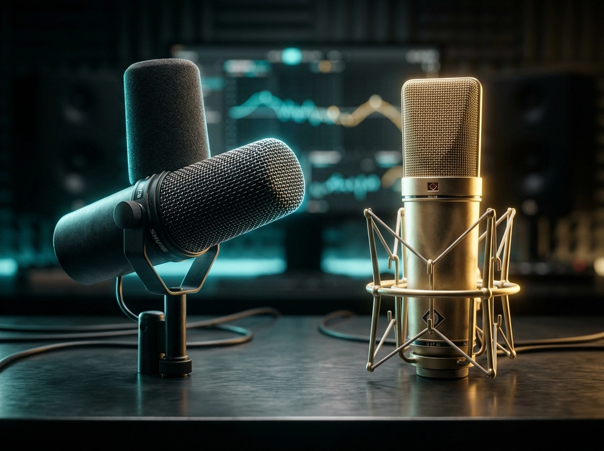 Two microphones in a studio, comparing an automated blog writer with top SEO content writing software.