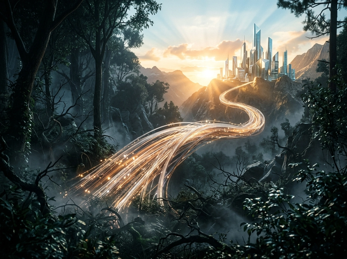 Light trails leading to a futuristic city, representing the best AI writing tools for SEO.