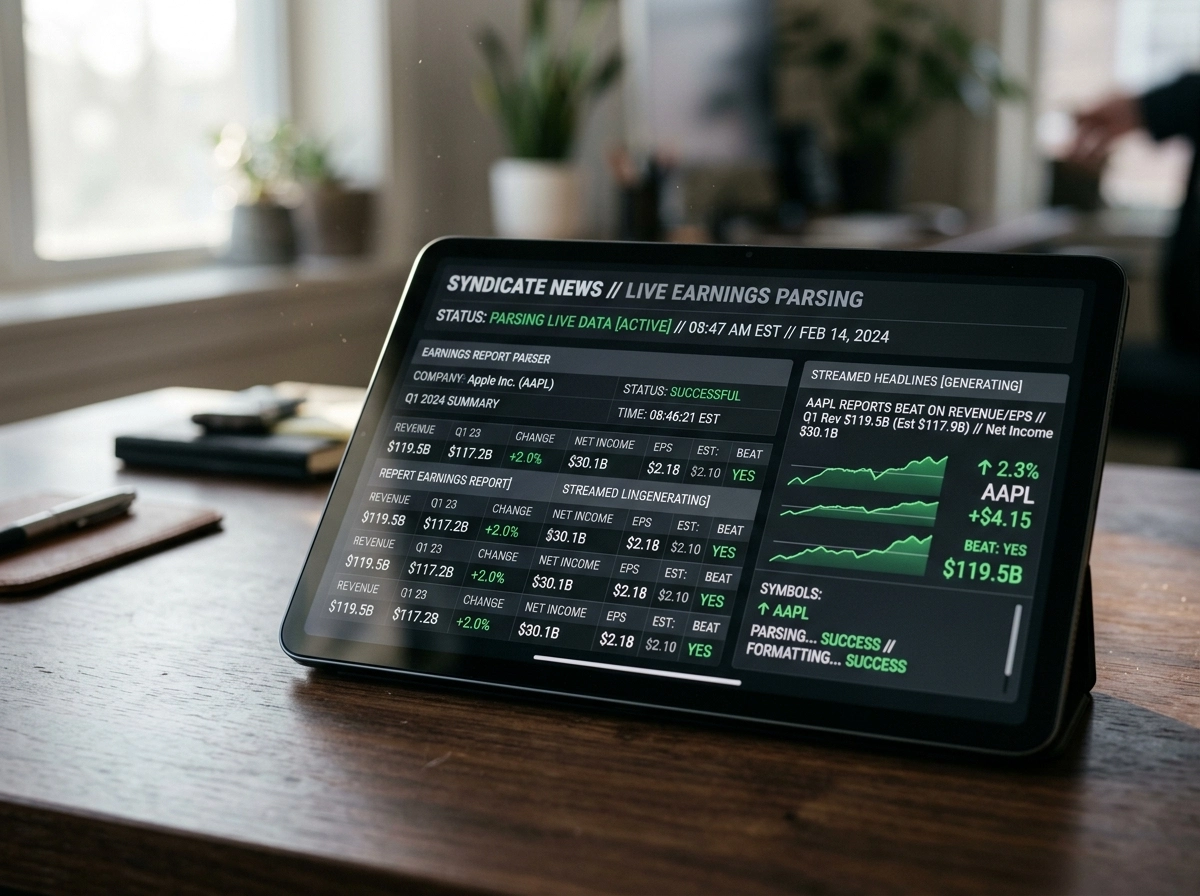 Tablet displaying real-time content automation for earnings reports via an AI powered blog generator.