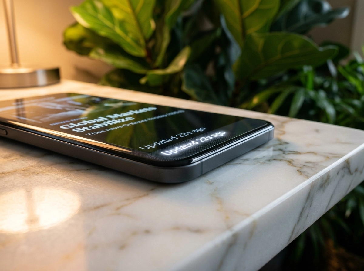 Smartphone displaying real-time content automation news on a marble table.