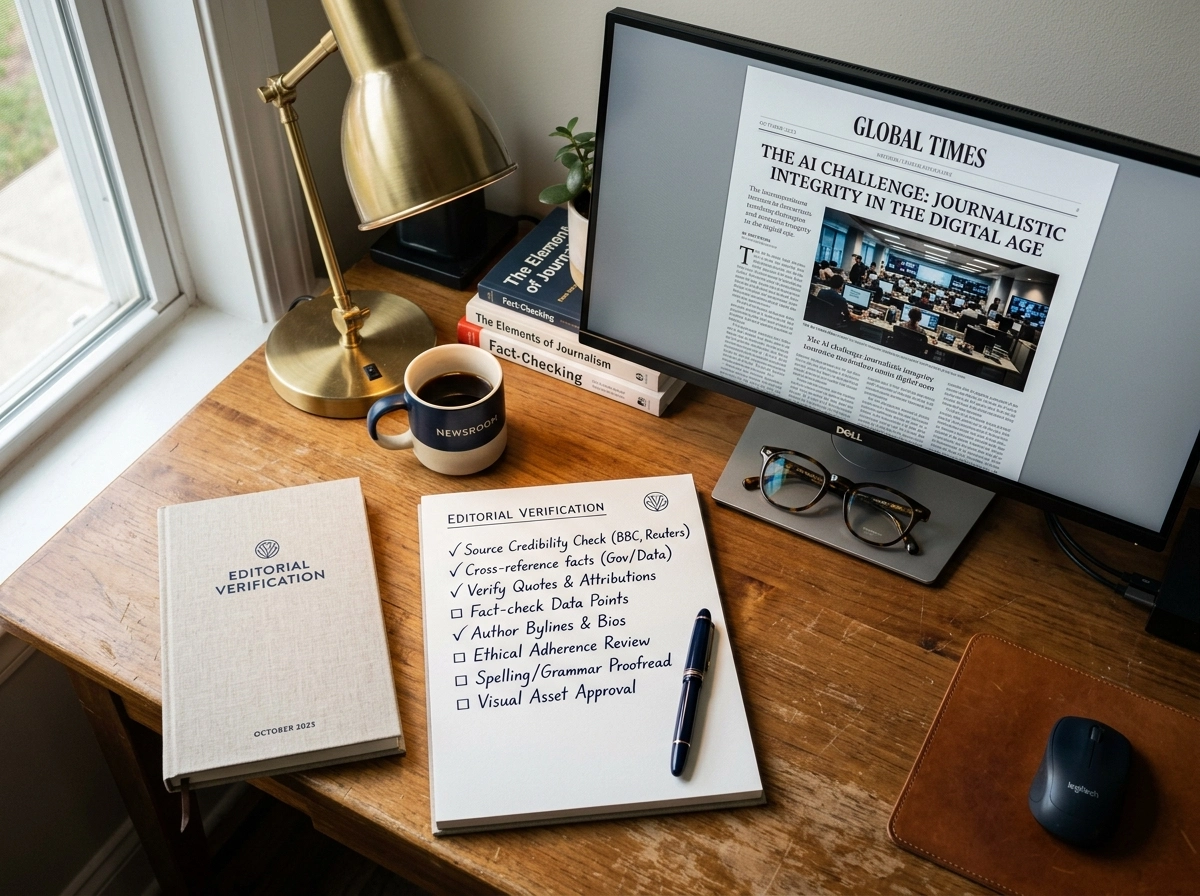 Desk showing an AI powered blog generator workflow with editorial verification.