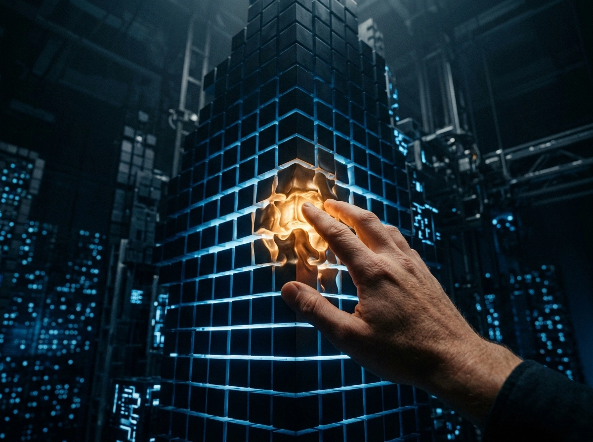 Hand touching a digital structure, representing content automation workflow and semantic search.