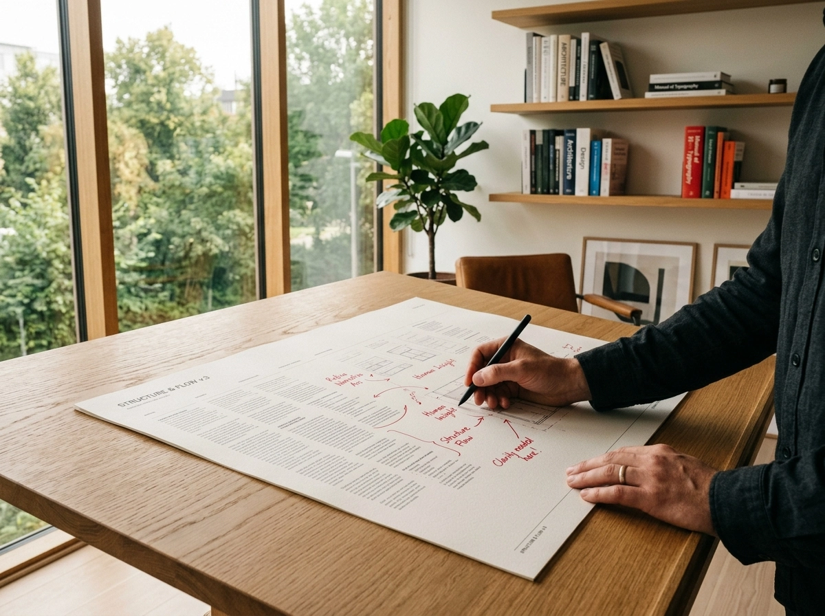 Person manually editing an AI blog content draft to improve structure and semantic search intent.