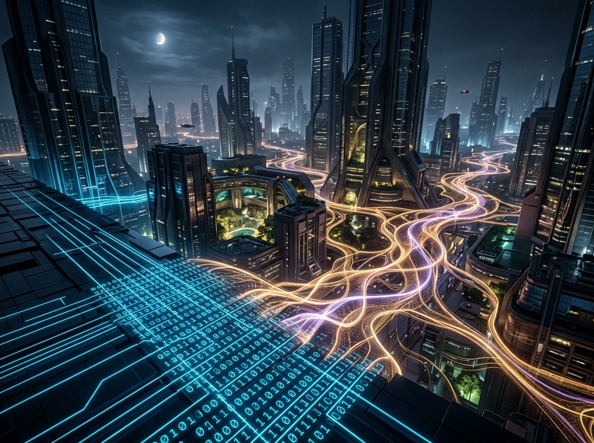 Futuristic city skyline with digital data streams representing an AI blog content generator.