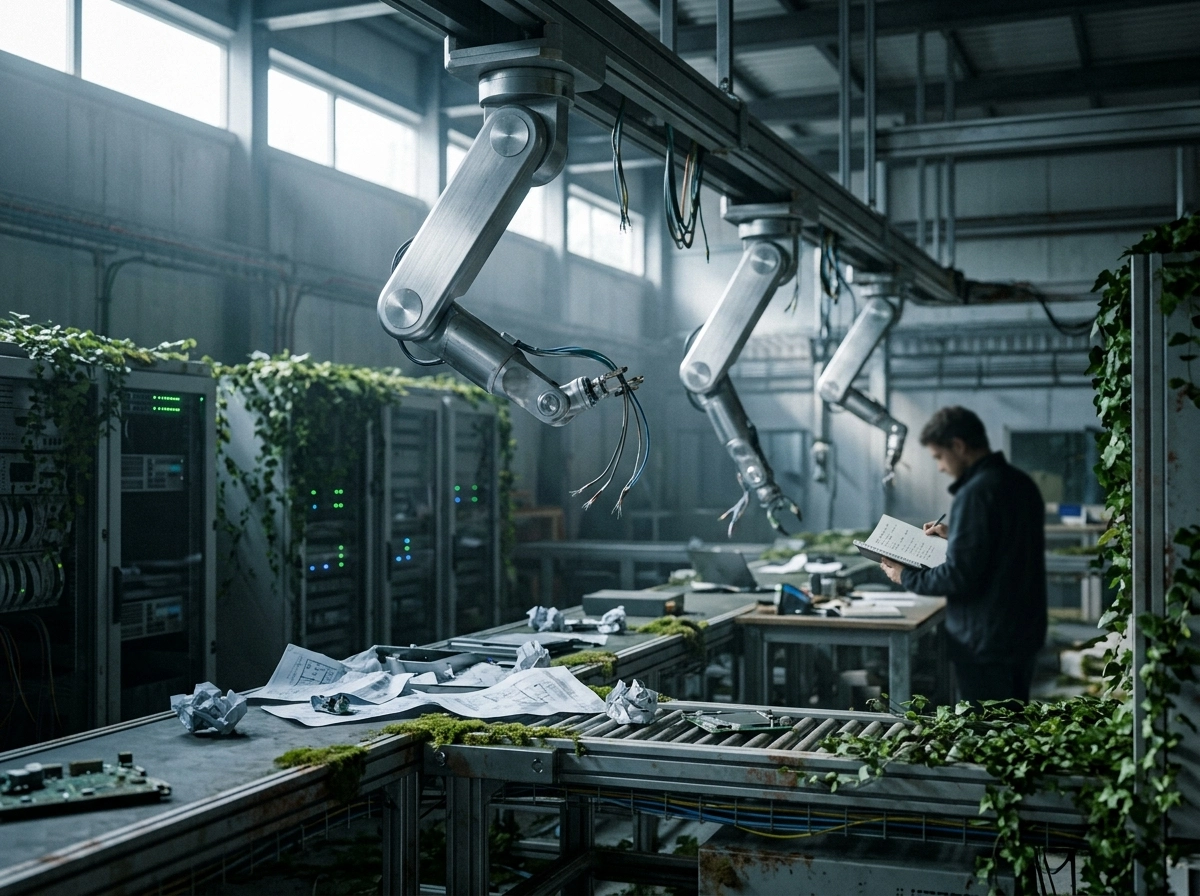 Person manually editing AI writing tools output in a high-tech, overgrown industrial facility.